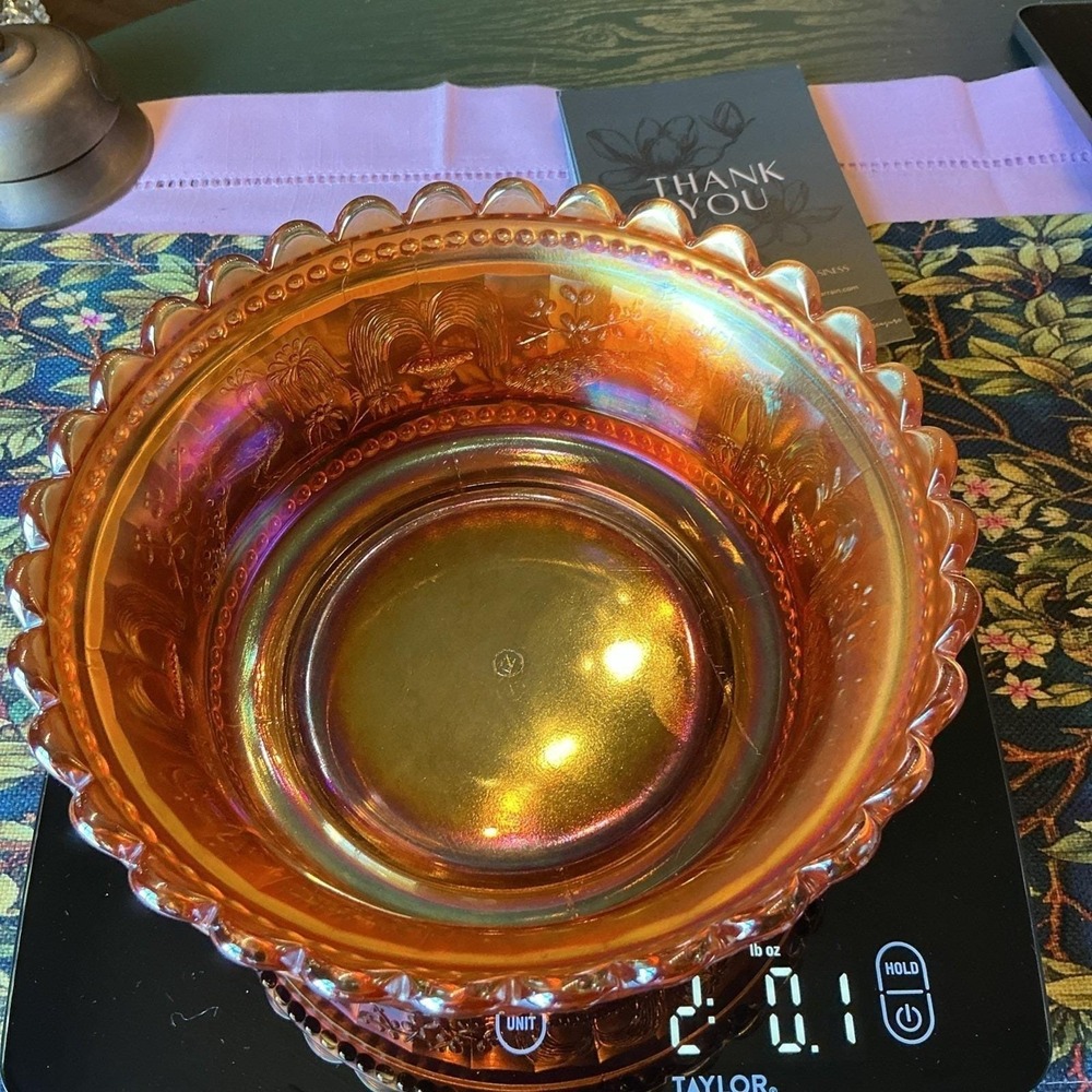 NORTHWOOD PEACOCK AT THE FOUNTAIN MARIGOLD 9" X‎ 4" Carnival Glass Bowl